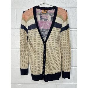 Tory Burch Linen Knit Floral Button Front Colorful Geometric Cardigan / Medium